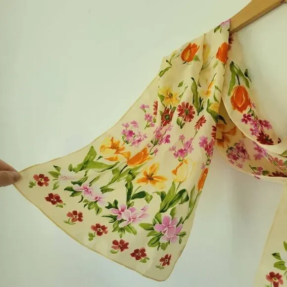 Floral Scarf Tulips Silky Orange Red Green Pink - Picture 3 of 6